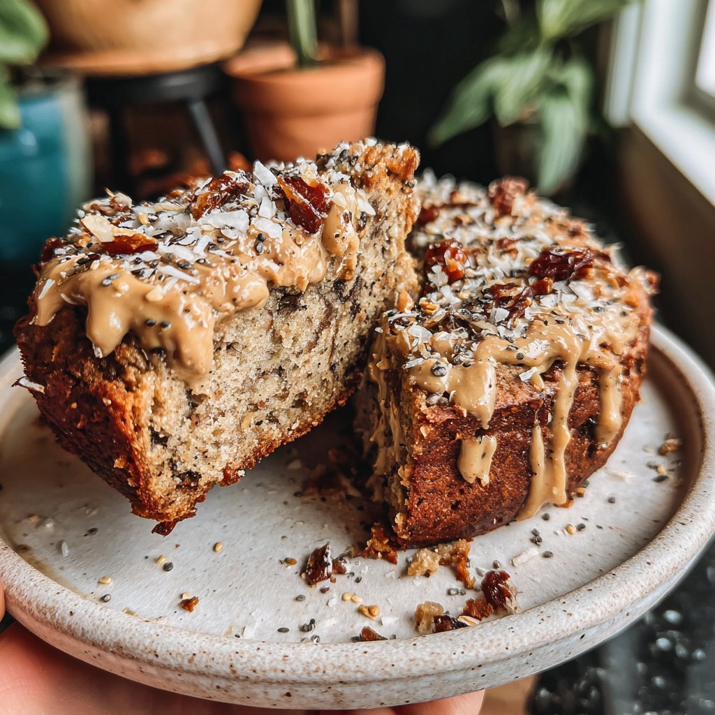 Bananenbrot mit Mandelmus und Datteln
