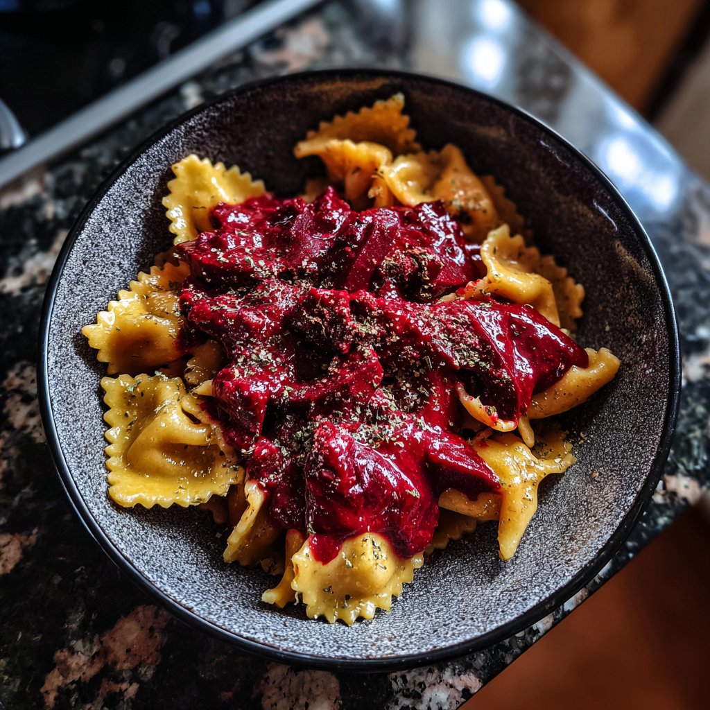 Herzförmige Pasta mit Rote-Bete-Sauce